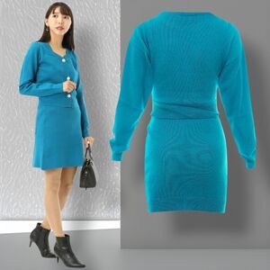 Chlorophylle Women's Teal Blue Merino Wool Blend Knit Cardigan and Skirt Set